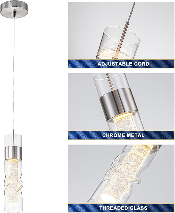 WILON Led Kitchen Island Ceiling Light, 9W Crystal Hanging Lights with Threaded Clear Glass, Adjustable Modern Pendant Light Led Kitchen Light Fixtures for Dining Room Bedroom(1 Pack)