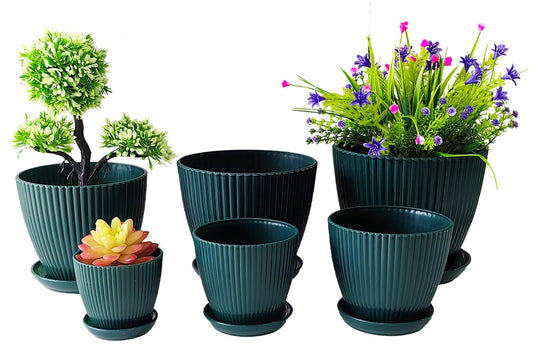 RooTrimmer 7.5/6.5/5.5/4.9/4.2/3.5 Inch Plant Pots with Saucers & Drain Holes - Indoor/Outdoor Flower Pots for Succulents, Herbs, Cactus - Modern Lightweight Durable Planter Set, Dark Green