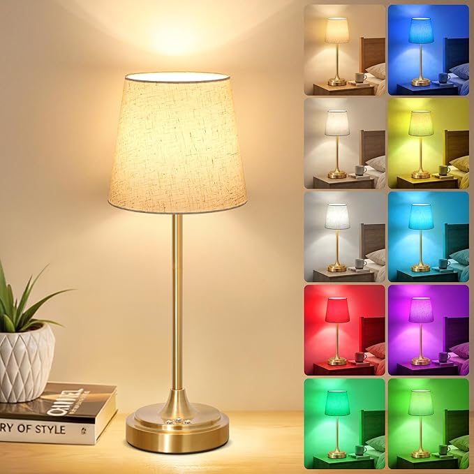Cordless Table Lamp Rechargeable,5000mAh Battery Operated Desk Lamp,3 Colors & 7 RGB Stepless Dimmable,Touch Control Ambient Light for Bedside,Bedroom,Dining Room,Living Room,Gold,FlaxenShade