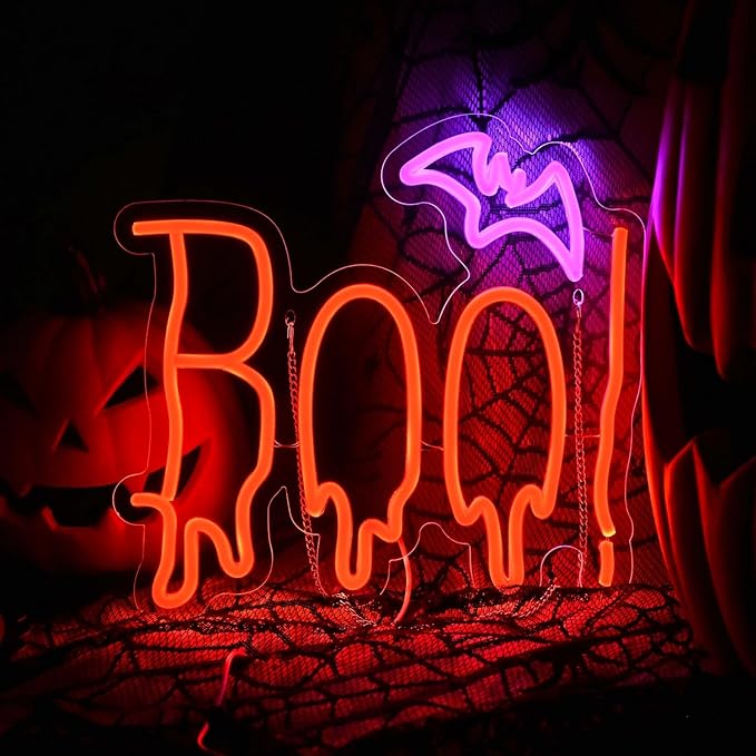 Halloween Neon Sign, Orange Purple BOO Bat Neon Light Up Sign for Halloween Party Decorations, Dimmable Neon Halloween Led Sign for Wall Decor, Spooky Boo Neon Sign for Trick or Treat Party Backdrop