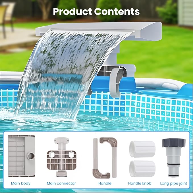 Pool Fountain Waterfall for Above Ground Pools, Smooth Flowing Pool Waterfall for Relaxation, Swimming Pool Frame Attachment Clamp Accessory, Adjustable Width Fits Various Frames (Beige)