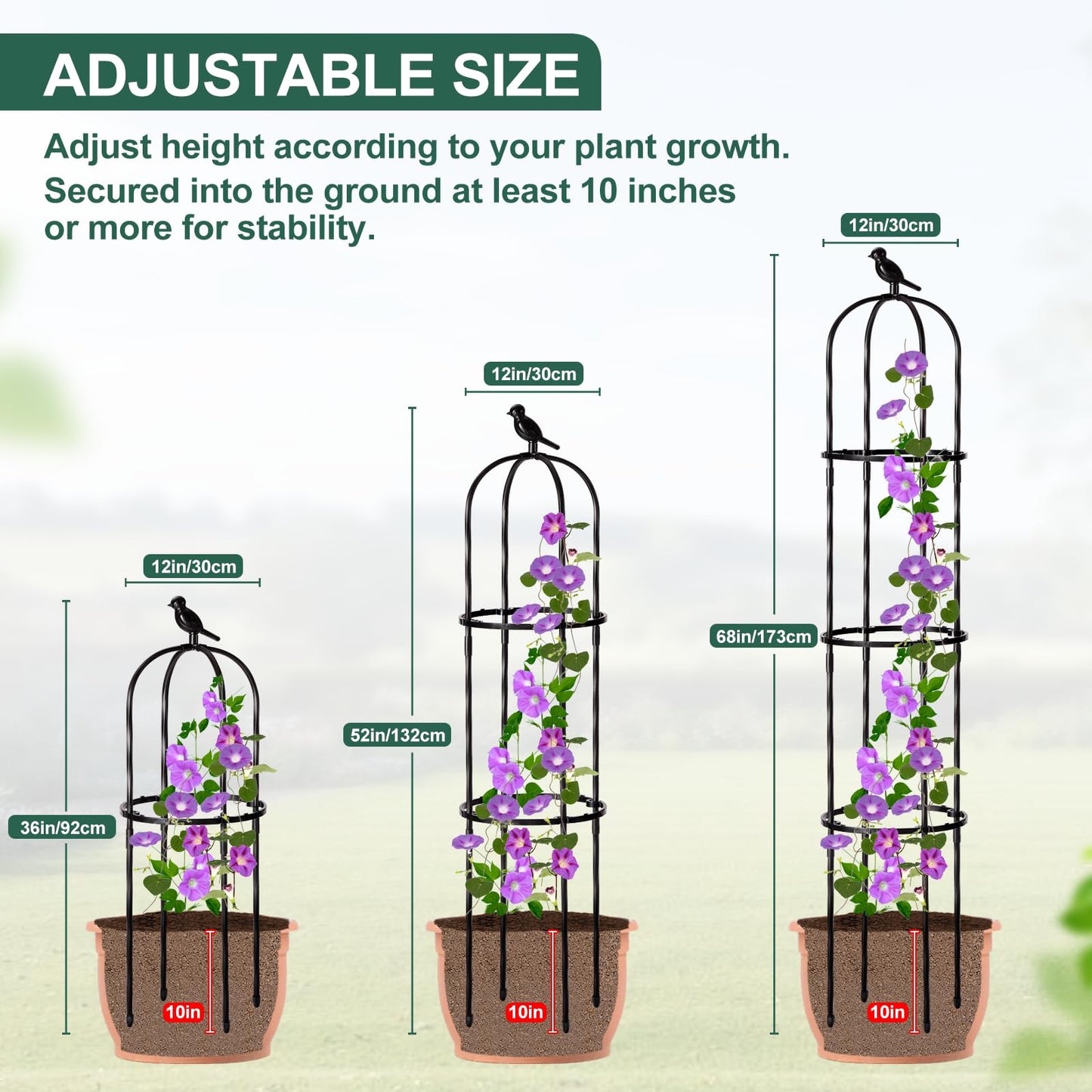 FOLLOOK Garden Obelisk Trellis for Climbing Plants Outdoor, Lightweight Climbing Plant Support Flower Roses Clematis Vegetable Light Vines Round Trellis for Raised Garden Bed Planter, Black, 1 Pack