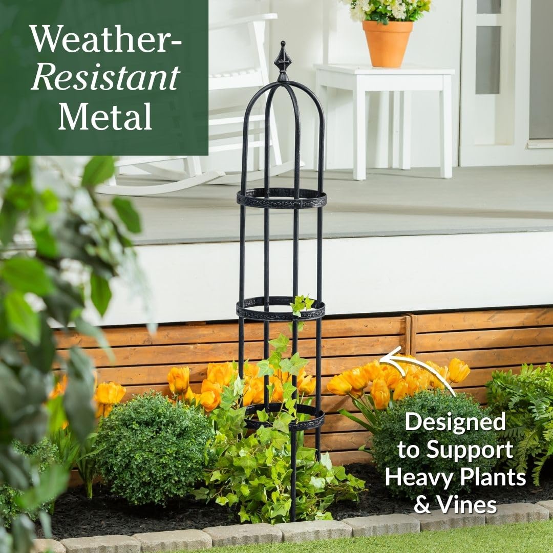 Evergren Garden Metal Obelisk Trellis for Climbing Plants | Indoor/Outdoor Floral Pattern Arch Trellis for Potted Plants (5 ft Black)