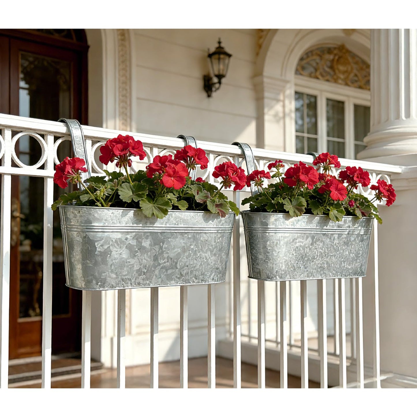 Joyfernal Balcony Galvanized Hanging Planters Railing Flower Pots, Outdoor Metal Fence Planter Pot with Detachable Hooks Drain Hole for Garden Patio Yard Decor (17 Inch, 6Pcs)