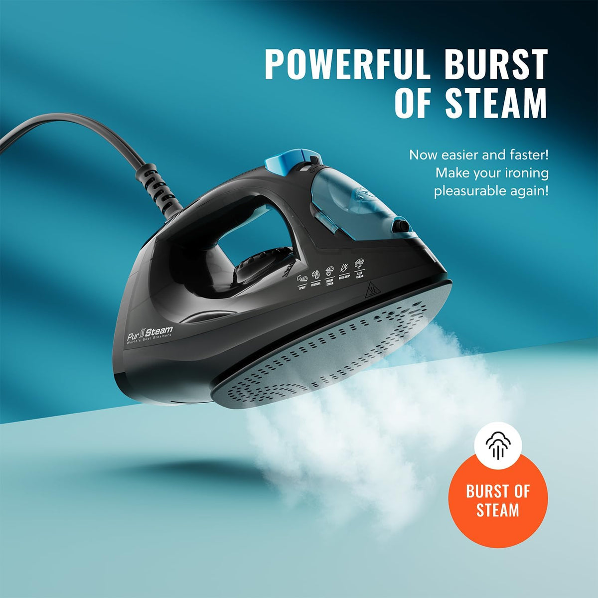 PurSteam Professional Steam Iron - 1250W Power with Burst of Steam & Spray | Non-Stick Soleplate, Easy Control