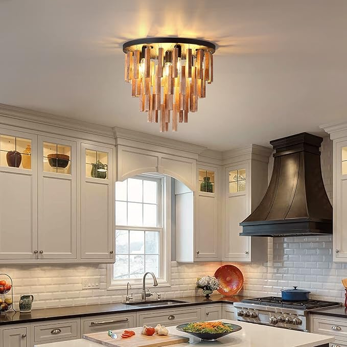 7-Light Flush Mount Wooden Ceiling Light - Rustic Oak and Black Ceiling Lamp with E26 for Farmhouse Kitchen, Dining Room, Living Room, Bedroom, Foyer, Hallway
