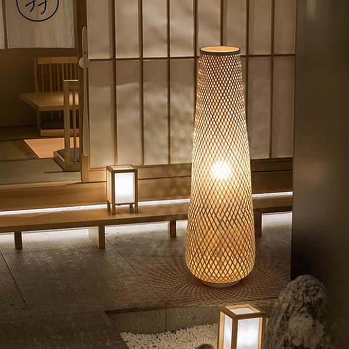 MIXL-Farmhouse Style Bamboo Floor Lamp,Large Wicker Indoor Floor Light,Boho Standing Light Plug in,Modern Minimalist Standing Lamp for Living Room Bedroom