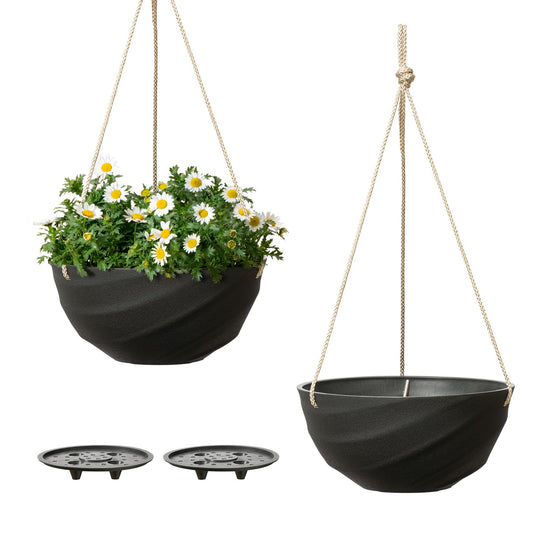 La Jolie Maison 10 Inch Hanging Planters for Indoor Plants, Outdoor Garden Planter Pots with Self-Watering Tray, Jet Black, Spiral Pattern, Set of 2