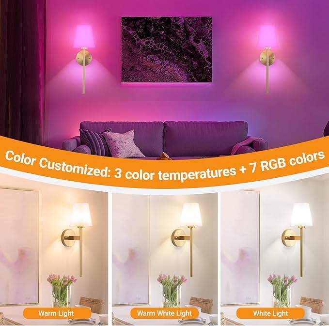 Battery Operated Wall Sconces Set Of 2, Wireless Battery Wall Light With 10000mAh RGB Rechargeable Magnetic Bulb, Rechargeable Wall Sconce With Remote Control For Bedroom, No Electrician Required