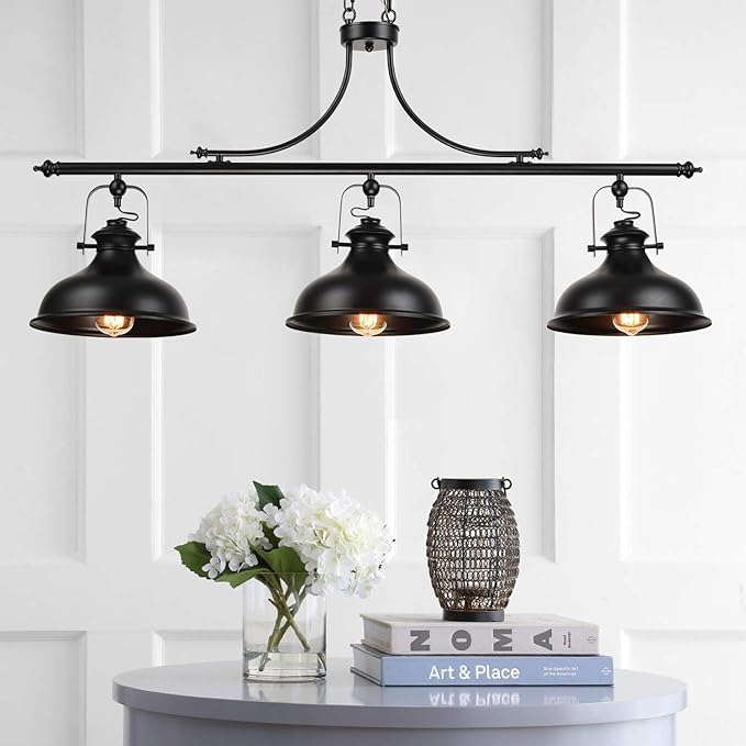 GZBtech Vintage 3-Light Pendant Lighting Fixture, 59.06'' H Adjustable Rustic Hanging Billiard Light Over The Pool Table, Industrial Black Metal Chandelier for Dinning Room Kitchen Island, UL Listed