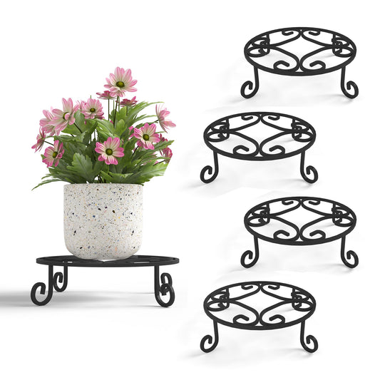 PROWORX 4 Pack 10” Diameter Metal Outdoor Plant Stand Indoor, Black Heavy Duty Potted Holder, Round Anti-Rust Wrought Iron Flower Planter Pot Display Stands for Home Garden