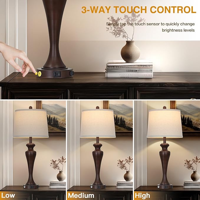 30" Brown Touch Table Lamps Set of 2, 3-Way Bedside Lamp with USB A+C Ports and AC Outlet, Tall Living Room Lamps for End Table, Modern Metal Bedroom Lamp for Night Stand