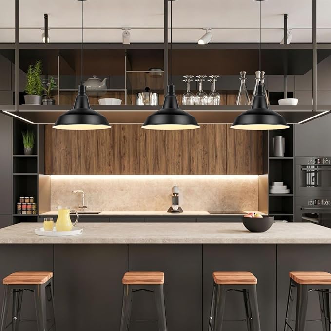Pendant Light Fixtures, Vintage Farmhouse Hanging Lighting Fixture with Metal Shade, Industrial Barn Lights for Hallway, Kitchen Island, Sink, Dining Room, Living Room, Black, 12.2in
