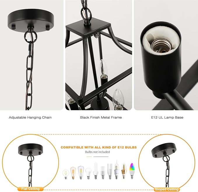 Lantern Pendant Light Black Pendant Light Fixtures 3-Light Black Lantern Pendant Lights, 9.4" Adjustable Farmhouse Pendant Lighting for Kitchen Island Dining Room Foyer