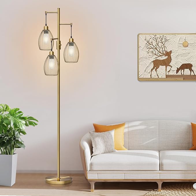 Dimmable Floor Lamp, 3 x 800LM LED Edison Bulbs Included, Farmhouse Industrial Floor Lamp Standing Tree Lamp with Elegant Teardrop Cage Tall Lamps for Living Room Bedroom Office Dining Room-Brass