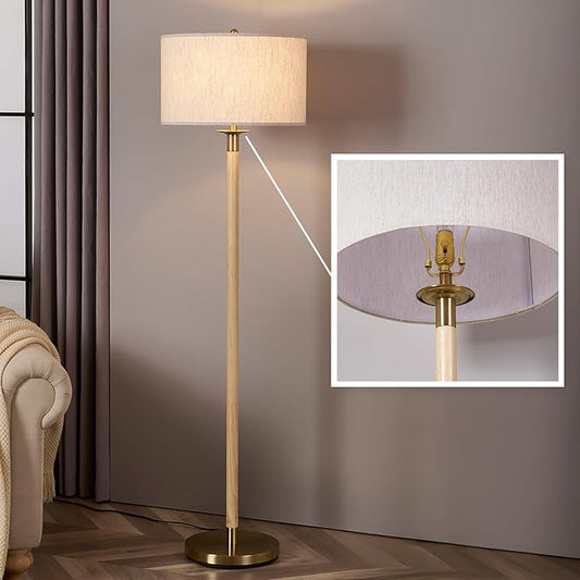 Floor Lamp, Modern Lamp with Dimmer Switch and Bulb, Mid Century Lamp with Linen Shade, Great Living Room Décor, Tall Lamp, Standing Lamp for Bedroom and Office, Natural Wood
