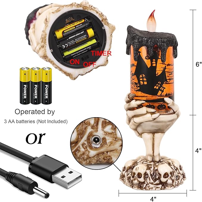 DRomance Halloween Snow Globe Flameless Candle with Timer, Battery Operated Tornado Lamp Skeleton Hand Candle Holder Yellow Light Glittering Spinning Water Halloween Table Decor(Bats, 4" x 10")