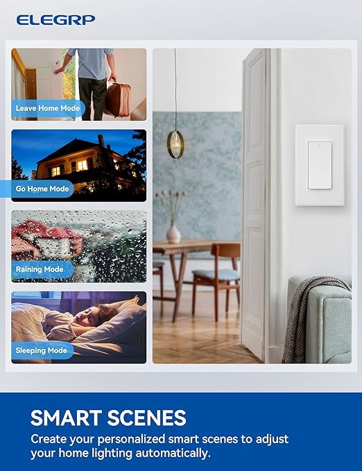 ELEGRP Smart Light Switch, 2.4GHz Wi-Fi Light Switch Compatible with Alexa & Google Assistant, Neutral Wire Required, APP Control and Timer Schedule, UL Certified, Single Pole/3 Way, White, 1 Pack