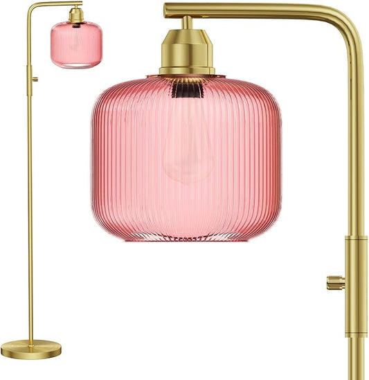 Glass Floor Lamp for Living Room, Modern Standing Lamp with Pink Ribbed Glass Lampshade&Brushed Gold, Stepless Dimmable and Rotary Switch, 66” Tall Lamp & Gold Floor Lamp for Bedroom Study Room, Pink