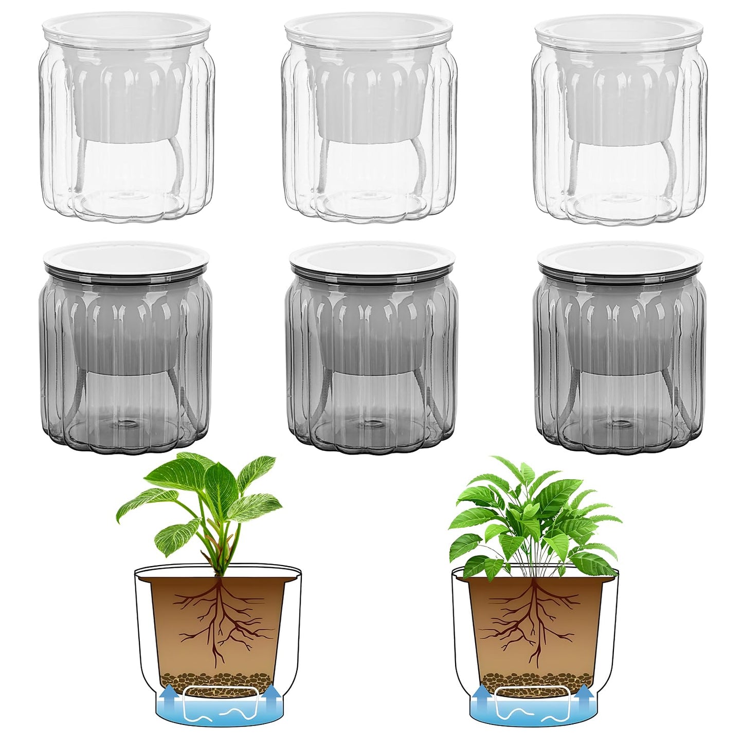 Samhe 6 Pack Self Watering Pots Set, 3.9 Inch Self Watering Pots for Indoor Plants, Planter Pot with Wick Rope for Succulents, Violets, Ferns - Clear Gray & White
