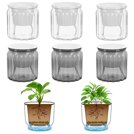 Samhe 6 Pack Self Watering Pots Set, 3.9 Inch Self Watering Pots for Indoor Plants, Planter Pot with Wick Rope for Succulents, Violets, Ferns - Clear Gray & White
