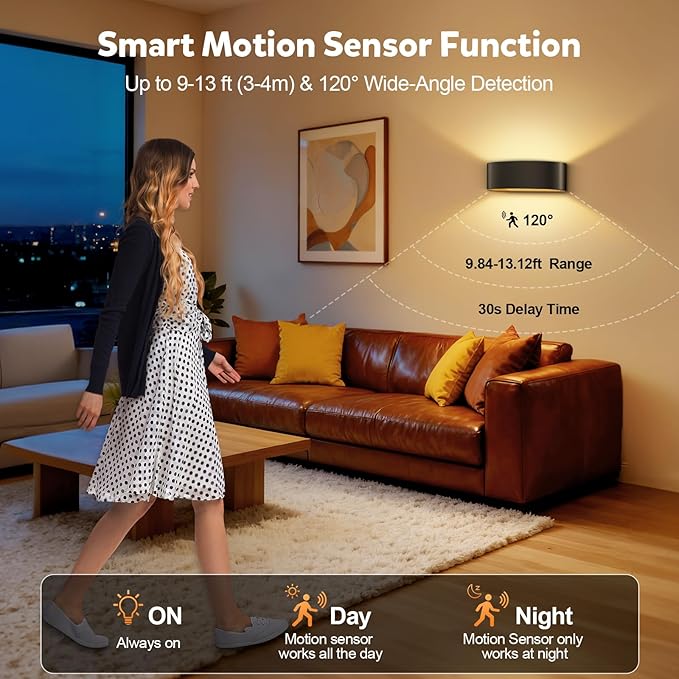Motion Sensor Wall Sconces, Rechargeable 5000mAh Battery Operated Wall Light with Remote Control 3 Colors Temperatures & Dimmable 15 RGB Colors Up and Down Wireless Wall Mount Light