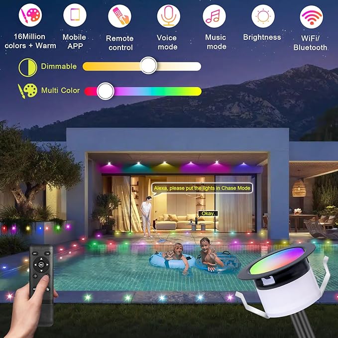 FVTLED LED Deck Lights Kit, Φ1.22 Low Voltage WiFi Pixel RGBW+IC Multi-Color Dynamic Deck Lighting with Remote Control, IP67 Waterproof Outdoor Step Lights DC12V for Garden,Steps,Stair(20 Pack, Black)