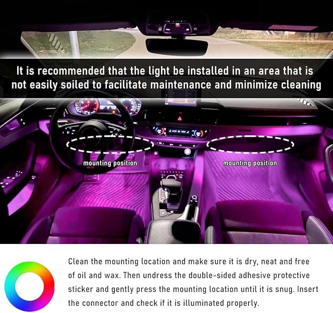 Car Interior LED Strip Light, 12V 24 LED Neon Ambient Night Light with Cigarette Lighter Plug, Automotive Atmosphere Decorative Under Dash Lighting Kit, Car Accessories (Pink Purple)