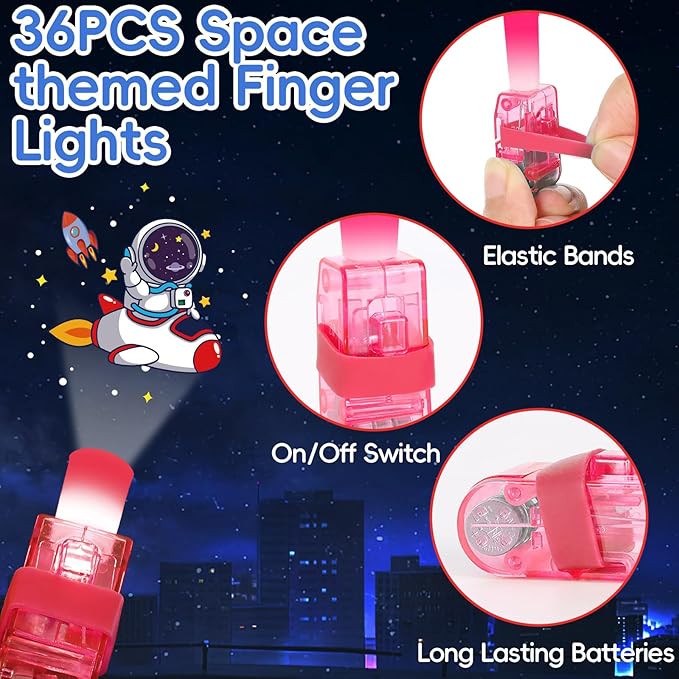36Pcs Outer Space LED Finger Lights Space Party Favors Glow in the Dark Light Up Finger Lights Galaxy Themed Toys Bulk for Astronaut Birthday Party Goodie Bag Stuffer Birthday Gifts Classroom Prize