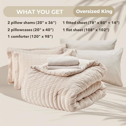 HYMOKEGE King Comforter Set - Beige Oversized 7-Piece Seersucker Luxury Bedding | All-Season Comforter, Sheets & Pillowcases