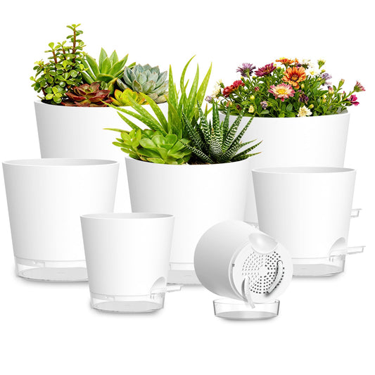 SQKH Plant Pots 4/5/5.5/6/6.5/7/8 Inch Self Watering Pots, 7 Pack Plastic Planters with Drainage Holes and Clear Saucers,Plastic Flower Pots,Nursery Planting Pot for Indoor Out Door Plants(White)