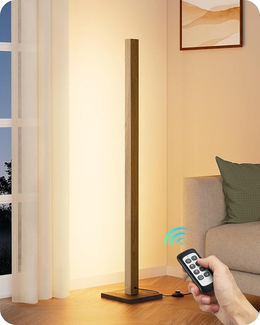 EDISHINE Wood LED Corner Floor Lamp, Modern Dimmable Light with Remote, Minimalist Standing Floor Lamps for Living Room, Bedroom, Office, 7 Color Temperature 2700~6000K, 48.43""