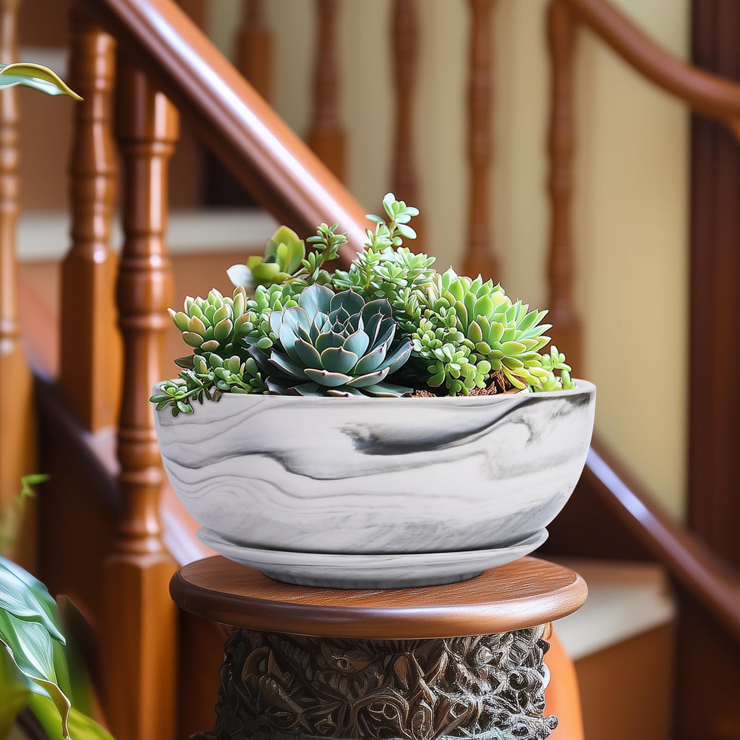 G EPGardening Bonsai Pots, 8 Inch Marble Pattern Ceramic Succulent Pot with Drainage Hole and Plant Saucer, Large Round Planter for Indoor Outdoor Plants, Modern Flower Pot, Plants Lovers Gifts, Grey
