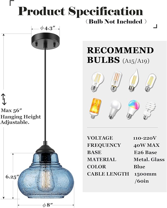 ELYONA 2 Pack Bubble Glass Pendant Lights 8 inch Modern Blue Hand Blown Globe Glass Pendant Lighting Hanging Light fixtures for Kitchen Island Dining Room Bar Bedroom Living Room