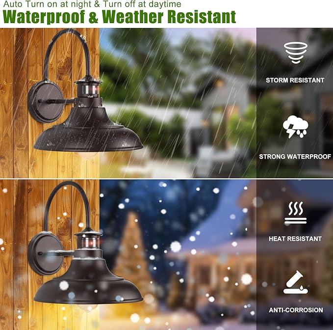Oil Rubbed Bronze Motion Sensor Outdoor Barn Lights - Dusk to Dawn Farmhouse Gooseneck Barn Light, 12" Porch Light Fixture Wall Mount, Exterior Wall Lighting Fixture for Garage Patio Doorway, 2 Pack