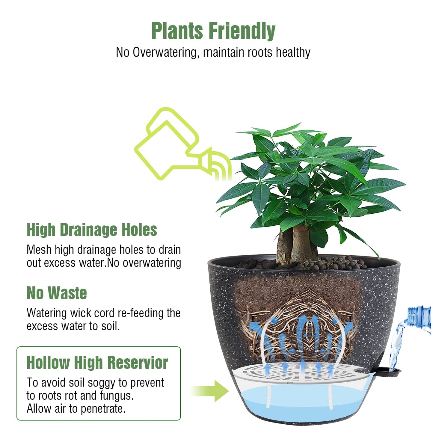UOUZ 12inch 2Pack Large Self Watering Planters, Plastic Plant Pots with 60oZ Removable Deep Reservoir and Multi Mesh Drainage Holes for Indoor Outdoor Garden Plants and Flowers, Black Speckles