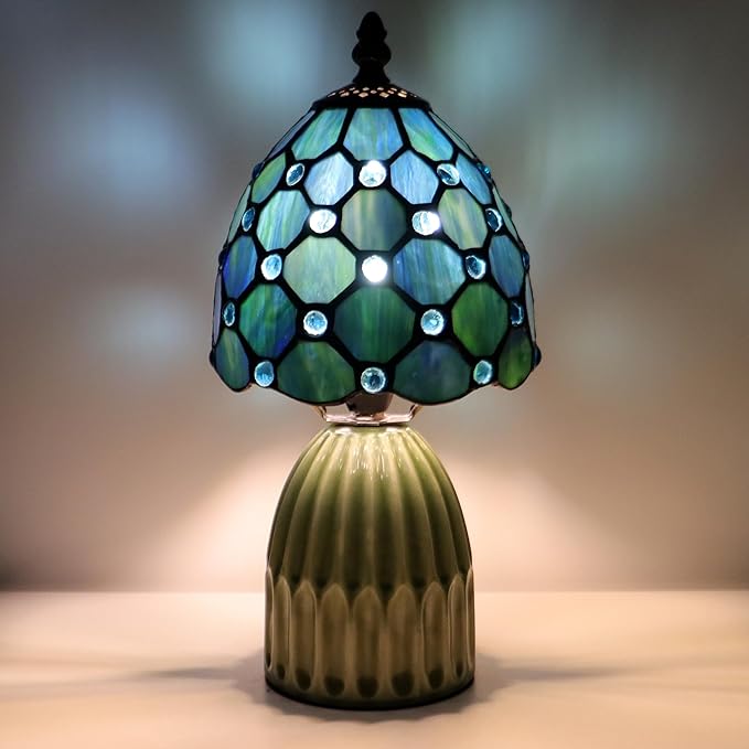 Tiffany Lamp Stained Glass Mushroom Table Lamps 6X6X12.5 Inch Sea Blue Pearl Style Small Night Light Ceramic Base Mini Accent Desk Light Suitable for Bedside Table Bedroom Children Room