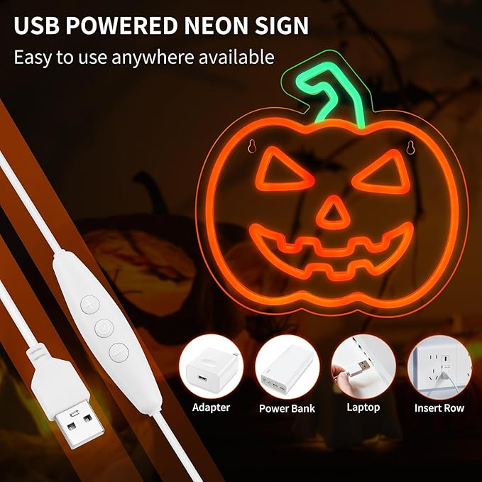 MissAudrey Halloween Light Up Pumpkin Neon Sign, Neon Sign Halloween Window Hanging Lights, Green Orange Acrylic Thanksgiving Art Wall Fall Decor for Home Bedroom Bar Pub Club Party，5V USB Powered