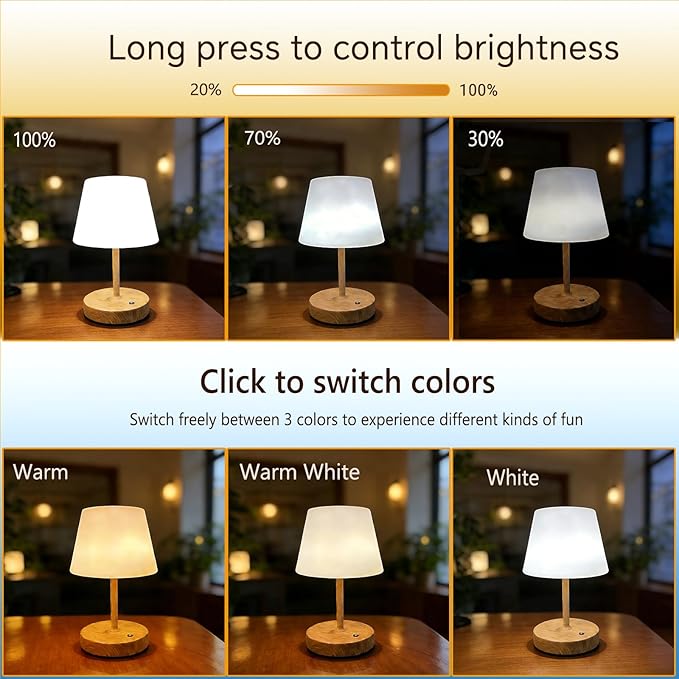 Cordless Table Lamp with 4000mah Battery Powered, Rechargeable Table Lamp for Indoor/Outdoor, 3-Color Dimmable Desk Lamp for Bathroom, Kitchen, Bedroom, Outdoor lamp for Patio, Camping