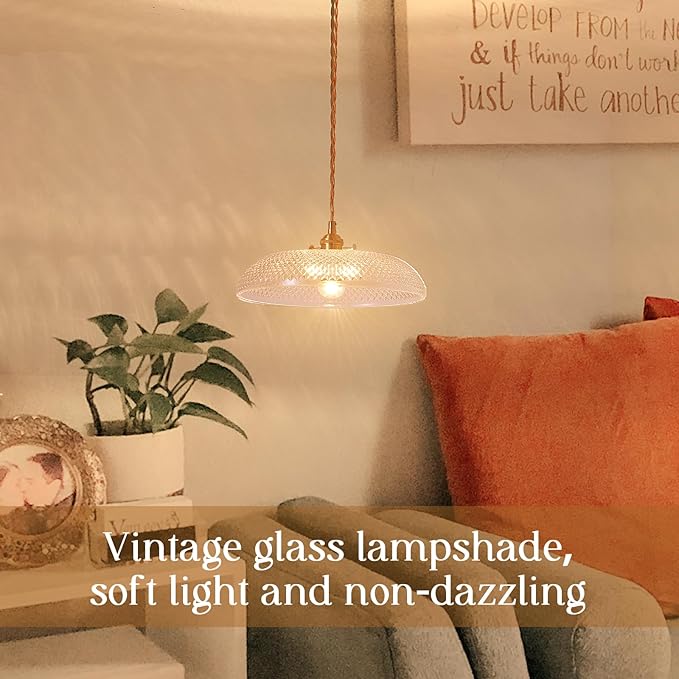 Hanging Light with Plug in Cord,11.8 Inch Plug in Pendant Light for Ceiling Glass Lampshade 14Ft Hanging Lamp Plug in Adjustable Golden Cord On/Off Switch for Bedroom