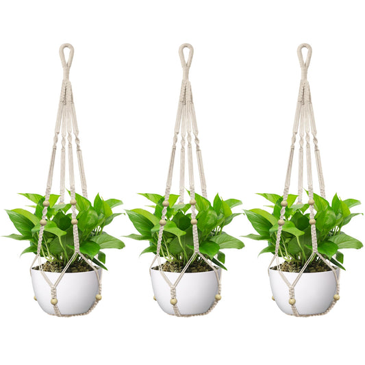 USLAI Macrame Plant Hanger Indoor Outdoor, Fits 4 to 15 Inch Pots, Strong Hanging Planter Holder, Boho Home Decor, 35 Inch, Ivory, Set of 3 (POTS NOT Included)
