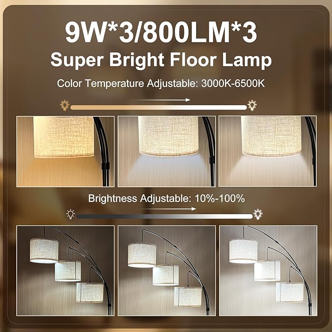 Dimmable Arc Floor Lamp, Black Pole Standing Lamp with Linen Shade and Heavy Base, Remote Control with Stpeless Color Temperatures and Brightness for Bedroom, Office