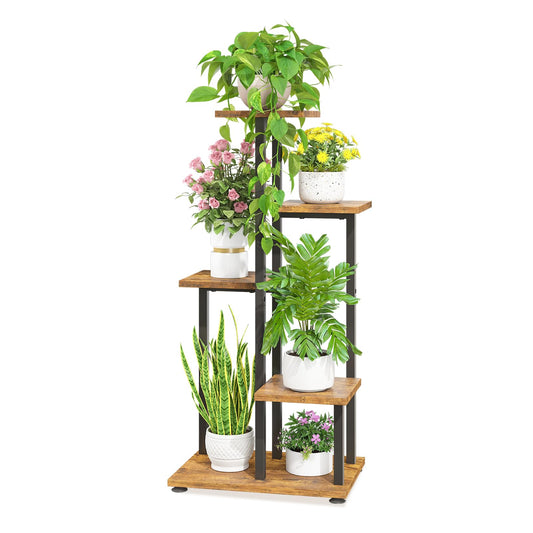 LASZOLA Black 5 Tiered Wood Plant Stand Indoor for Large Heavy Duty Planter, Sturdy Multi Level Corner Vertical Flower Rack for Narrow House, Rustic Tall Orchid Shelving Holder for Decor, Space Saving