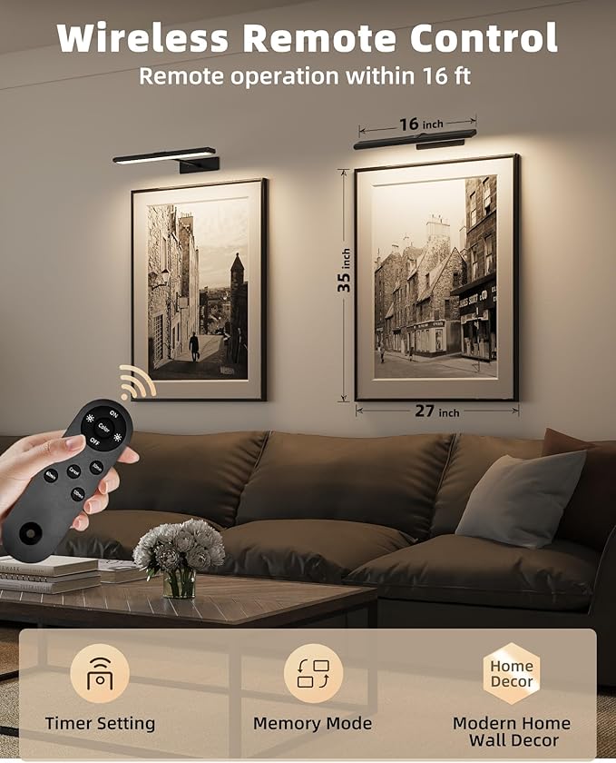 EZVALO Picture Light for Wall, 4800mAh Rechargeable Wireless Remote Battery Lights for Painting, 16In Dimmable Magnetic LED Art Display Light, Colors Temperatures, for Gallery, Living Room,Hallway