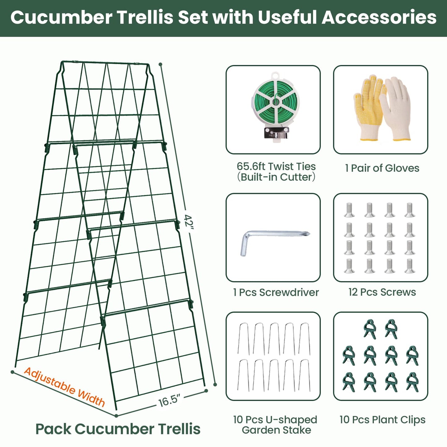 2 Pack Cucumber Trellis, 48"x16" Adjustable A-Frame Trellis for Climbing Plants, Metal Foldable Upgraded Vegetable Trellis for Raised Bed, Support for Tomatoes, Squash, Zucchini, Vegetables & Flowers