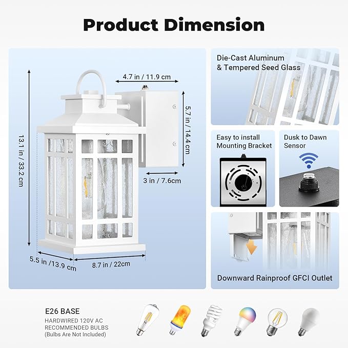 White Dusk to Dawn Outdoor Lighting with GFCI Outlet, Exterior Light Fixtures with Bubble Glass, Modern Outside Lights Wall Mount for House Patio Garage, Aluminum Waterproof Anti-Rust