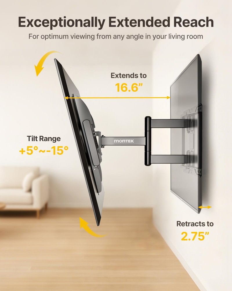 monTEK Full Motion TV Wall Mount for 37-84 Inch TVs, TV Mount Bracket with Articulating Arms, Tool-Free Tilt & Swivel, Extension, Max VESA 600x400mm, Fits 12“/16" Wood Studs, Up to 110lbs, 4X Tested