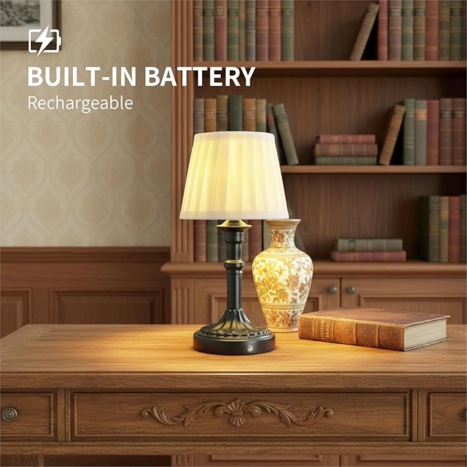 Cordless Table Lamp,Portable Fabric Shade LED Des Lamps,5200mAh Battery Operated,3 Color Stepless Dimming Up,for Restaurant, Bedroom, Camping, Bar, Coffee Shop, Night Light (Black)