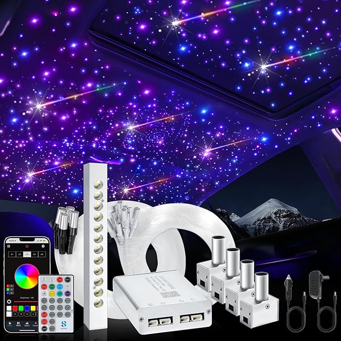 Split Car Starlight Headliner Kit, 4 Colors 12W Meteor Fiber Optic Star Ceiling Lights, 700pcs*0.02in*9.8ft+240 RGBW Shooting Stars Lights for Car Home Theaters Roof Décor