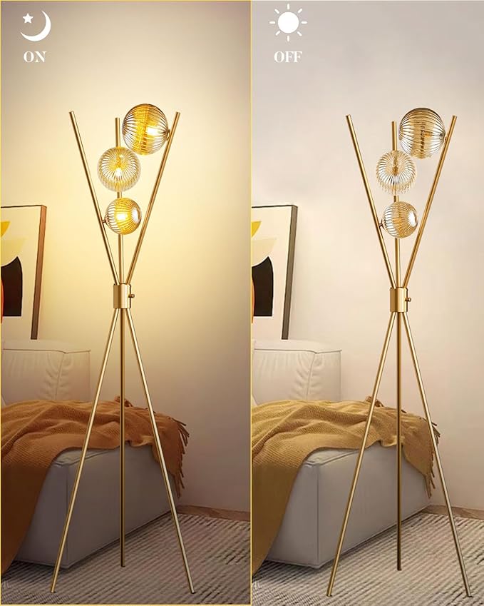 Lightdot Dimmable Tripod Floor Lamp Gold Art Deco Floor Lamp with Brown Globe Glass Lampshade 3Pcs Bulbs Included Tripod Standing Lamp for Living Room/Bedroom/Sofa Beside/Corner Decor